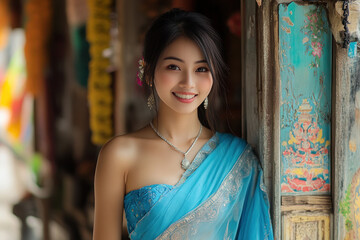 Naklejka premium Chinese woman wearing saree traditional cloth smile at Hindu temple