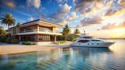Fototapeta premium Luxury beach house with yacht in the background , mansion, beach, house, luxury, villa, yacht, seaside, , ocean