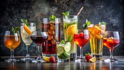 Assorted glasses filled with various drinks , cocktails, beverages, mixology, party, celebration, alcoholic