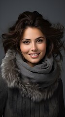 Naklejka premium Beautiful Woman with Long Brown Hair Wearing a Fur Collar and Scarf