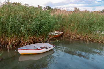 Two small boats are moored in calm inlet surrounded by tall reeds at Balaton lake, Hungary, Europe. Water mirroring sky and surrounding vegetation. Tranquility, natural beauty. Peaceful lakeside scene