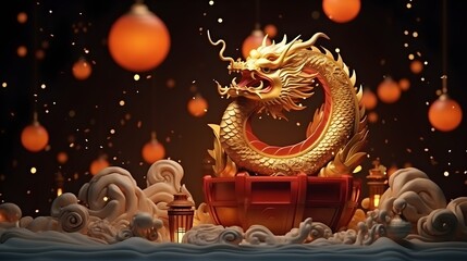 Obraz premium Golden Dragon Chinese New Year Decoration 3D Rendering Festive Ornament Asian Culture