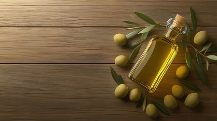 Olive Oil Bottle with Olives and Leaves on Wooden Background