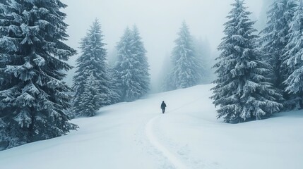 Naklejka premium Snowy Forest Path with Lone Hiker in Winter Wonderland