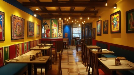 A charming Indian restaurant featuring contemporary decor alongside vibrant traditional art, creating a unique and warm dining experience.