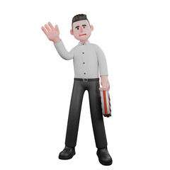 Male Businessman Professionalism in 3D. A male businessman stands with his right hand giving a greeting gesture while his left hand is carrying a briefcase. Strategy Services