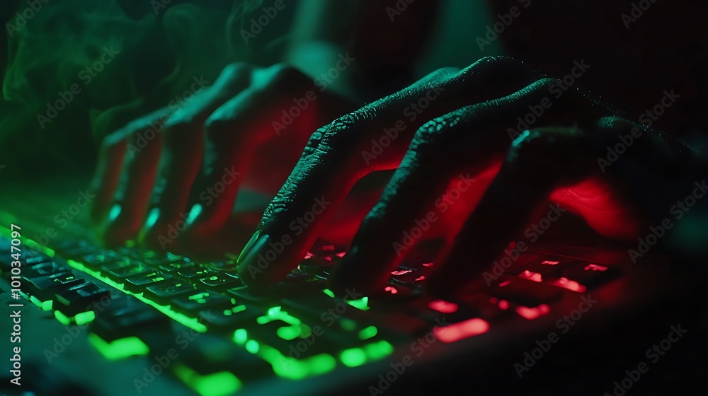 Poster close-up of hands typing on a backlit keyboard in a dark room with smoke.