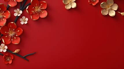 Red and Gold Flowers on Red Background Chinese New Year Design Floral Decoration