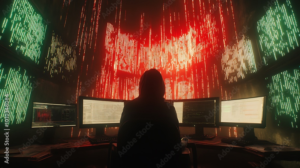 Poster A hooded figure sits in front of multiple computer screens, surrounded by digital rain and code. The screens display lines of code and data, creating a sense of mystery and intrigue.