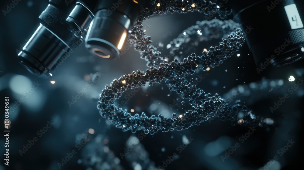 Poster a close-up of a dna molecule viewed through a cutting-edge microscope, representing advancements in 