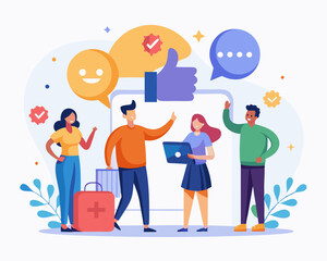 Social feedback, opinion or business advice, employee discussion, debate or customer comment, social media positive and negative feedback, people giving opinion with thumb up, vector illustration