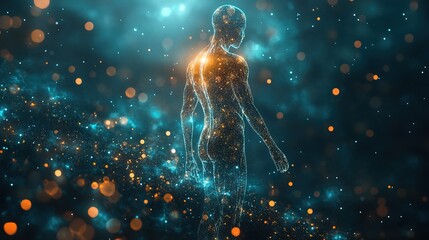 Glowing hologram of human body 3D structure with dark background 