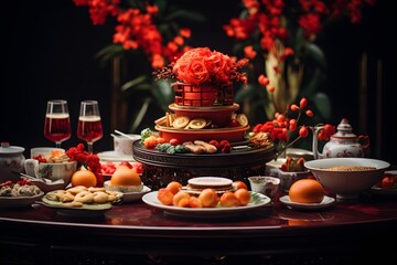 Fototapeta premium Chinese New Year Feast Traditional Table Setting with Red Gold Decor Fortune Cookies