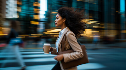 Black woman running with coffee cup in city during busy morning, concept of hustle and professional success