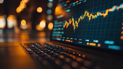 Stock Market Analysis on Laptop with Bokeh Background