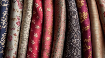 A collection of exquisite Indian fabrics featuring luxurious textures and vibrant patterns, highlighting the beauty of traditional craftsmanship.