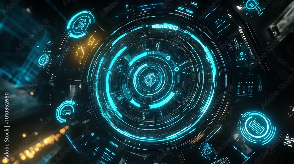 Poster a futuristic technological interface with a glowing blue circular display and various symbols.