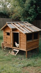 Wooden coop with two birds, red rooster and white hen, in a grassy outdoor setting