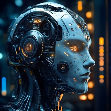 Futuristic Humanoid AI: The Face of Advanced Technology, bathed in warm orange and blue hues .  Showcases intricate mechanical details and cybernetic features. 

