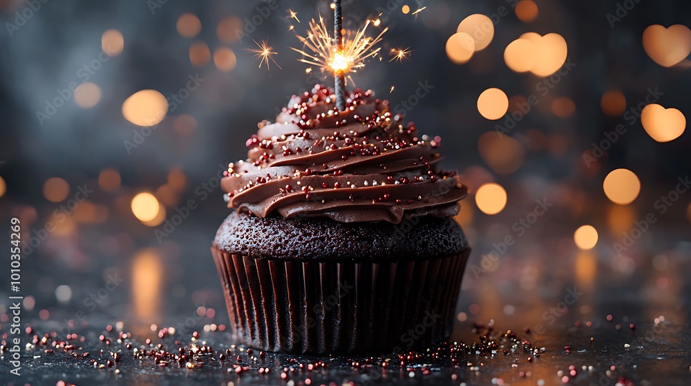 Poster a single chocolate cupcake with chocolate frosting and sprinkles topped with a lit sparkler against 