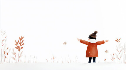 Brown watercolor painting of little girl with arms outstretched in snow