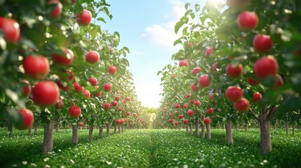 Fototapeta premium Apple Orchard with Lush Green Trees and Ripe Red Apples