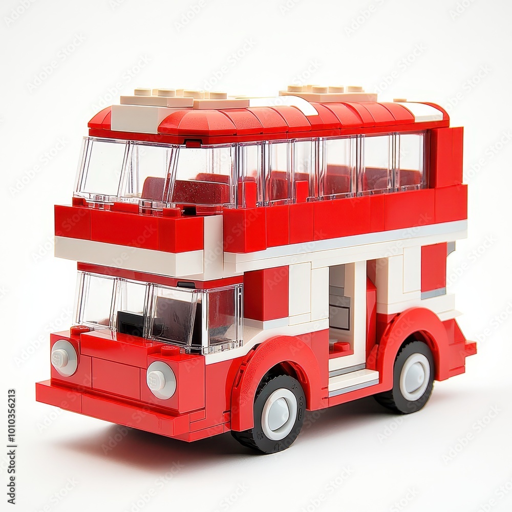 Poster a colorful red and white double-decker bus model made of building blocks.