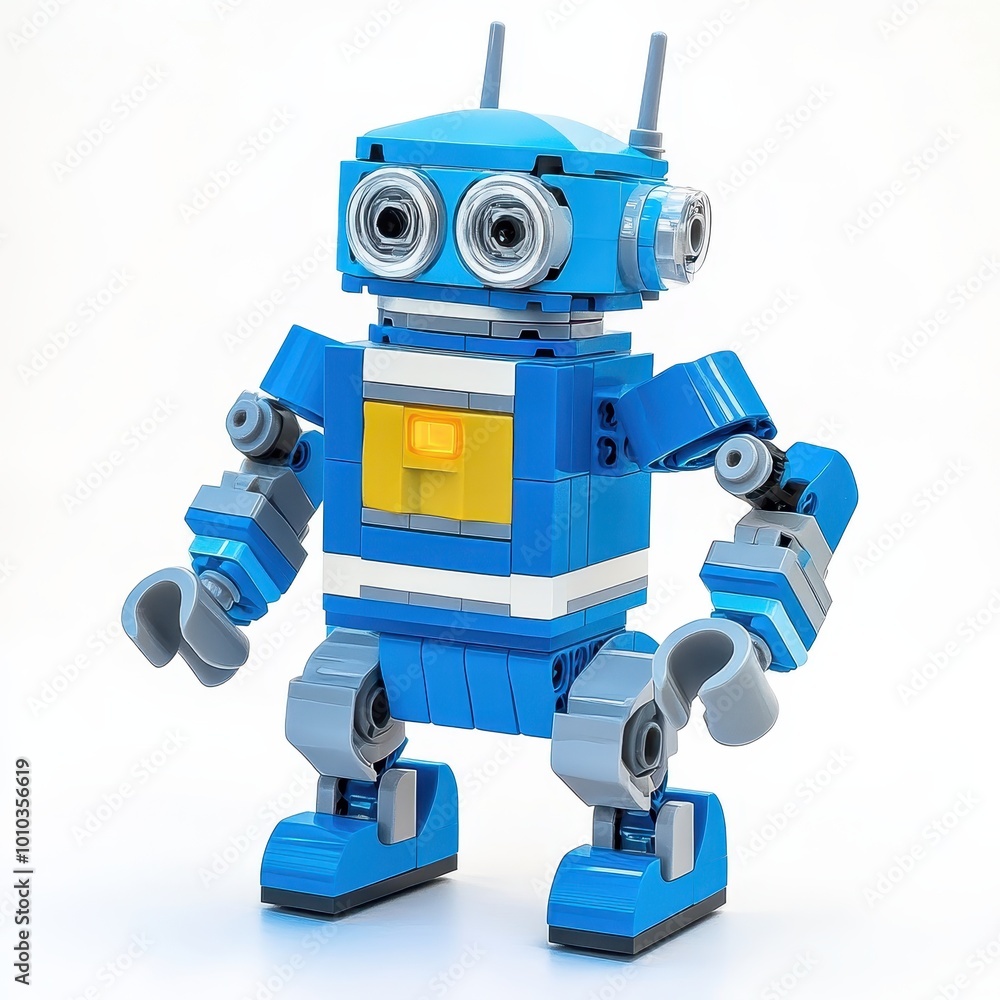 Poster a colorful robot figure made from building blocks, showcasing creativity and design.