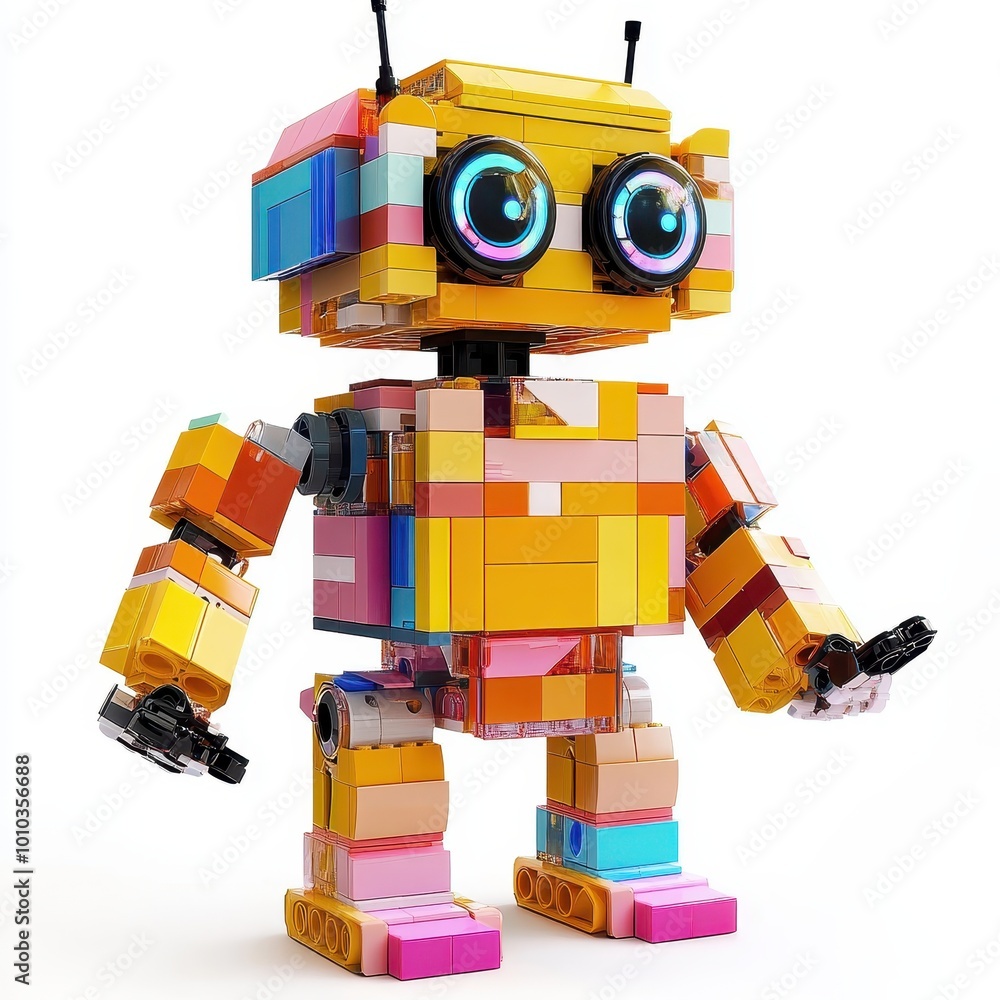 Poster a colorful robot made of building blocks, designed for play and creativity.