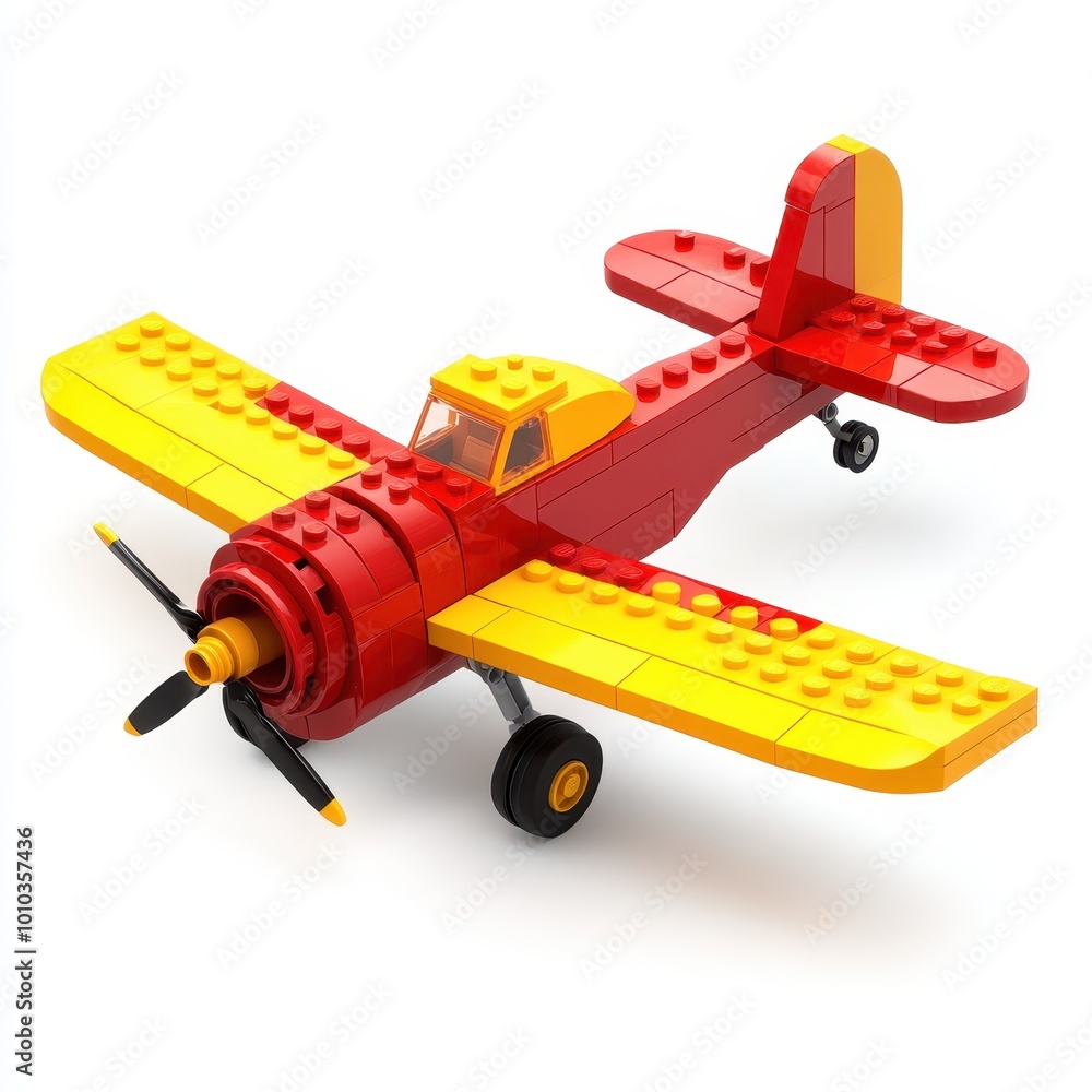 Poster a colorful toy airplane model made from building blocks, showcasing creativity and fun.
