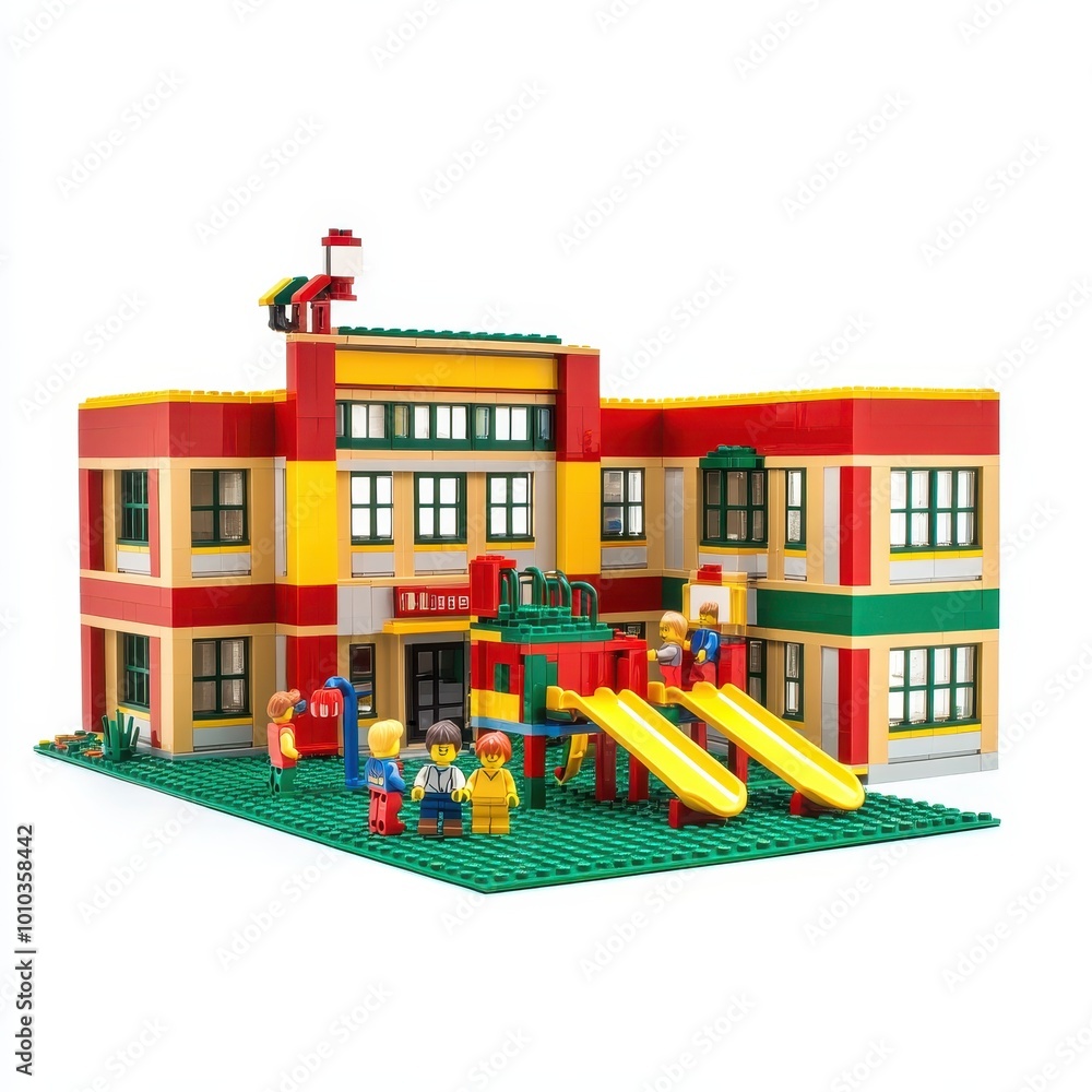 Poster a colorful toy building with a playground, designed for imaginative play and learning.