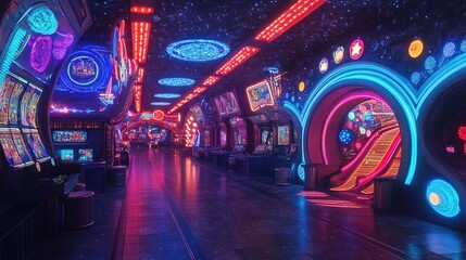 Amusement Park Space illustration, futuristic, cyber, neon 