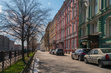 Fototapeta premium View of the Moika River embankment on a sunny spring day, St. Petersburg, Russia