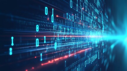 Fototapeta premium Abstract digital binary code background with lines of blue and red light streaks.