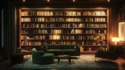 A cozy library with a green sofa, two armchairs, and a large bookcase filled with books.