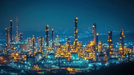 A large oil refinery production plant illuminated at night, industrial landscape 