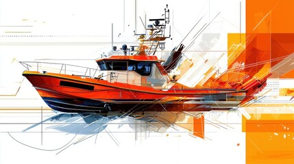 Obraz premium Dynamic Rescue Boat Illustration in Abstract Vector Style with Bold Lines and Vibrant Colors, Symbolizing Urgency and Action