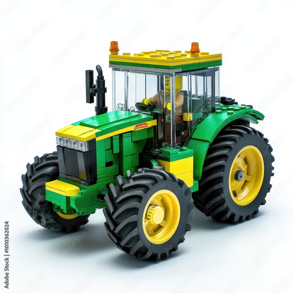 Poster a colorful toy tractor model made from building blocks, showcasing design and creativity.