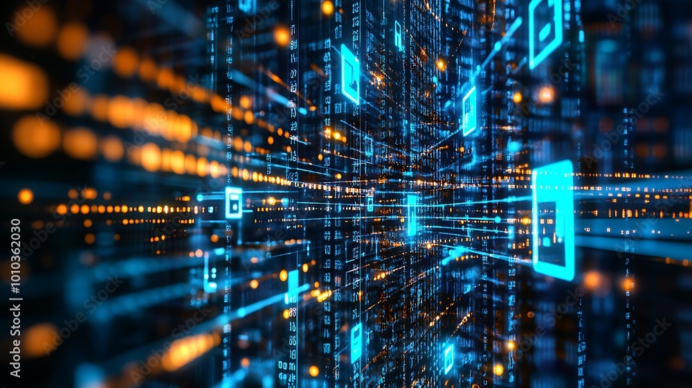 Poster Abstract digital data stream with glowing icons and lines.