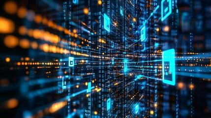 Obraz premium Abstract digital data stream with glowing icons and lines.