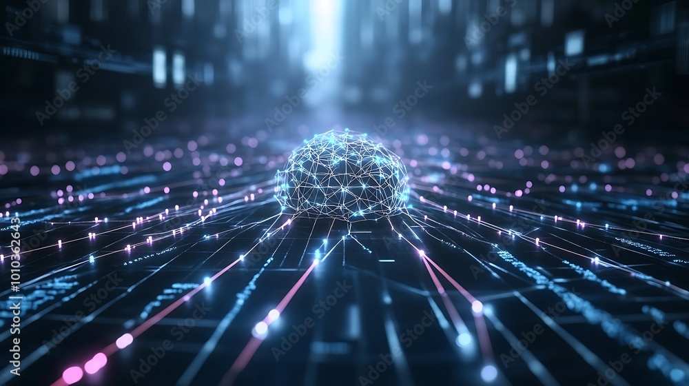 Poster A glowing digital brain surrounded by lines of code representing data, processing, and information flow.