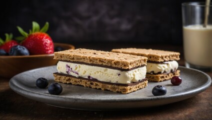 Ice cream sandwiches with vanilla ice cream, blueberries, and milk on the side