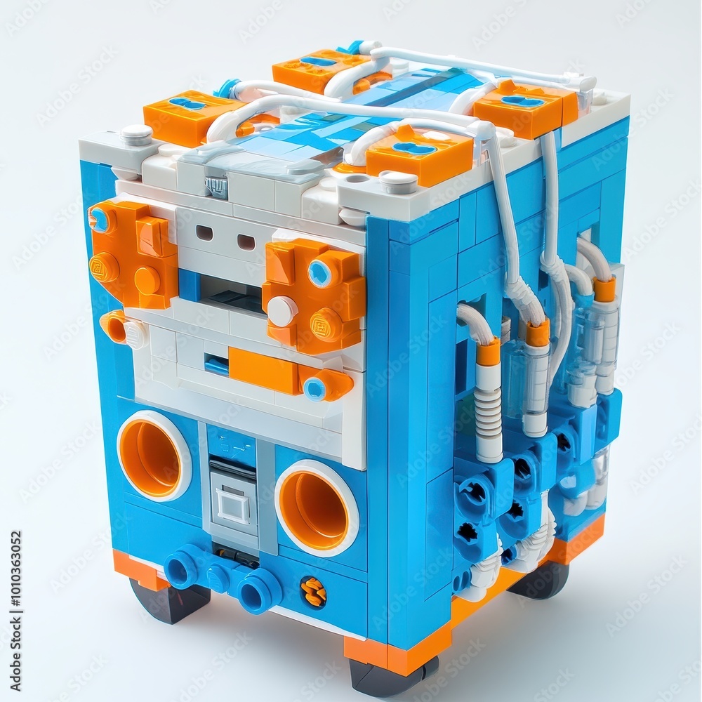 Poster a colorful, blocky model resembling a futuristic device or machine with various pipes and connectors