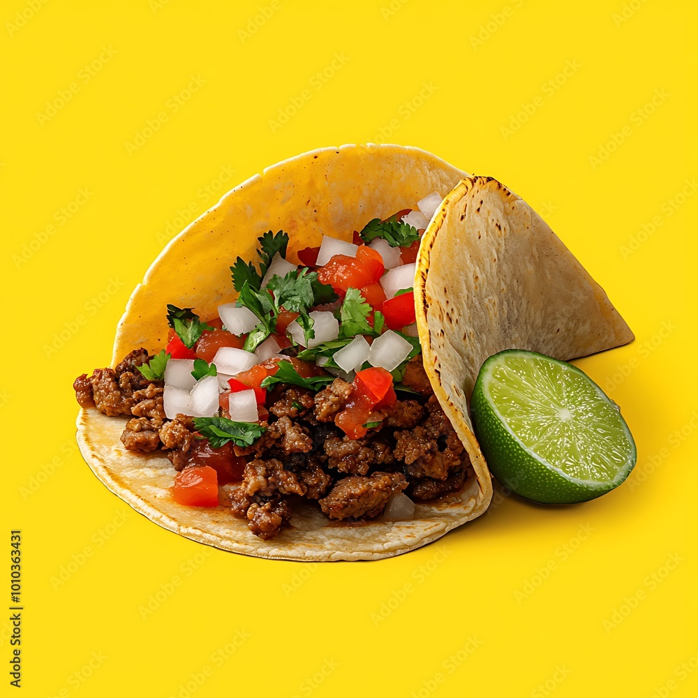 Wall mural a delicious taco topped with fresh salsa, onions, and cilantro, garnished with lime wedges and hot p