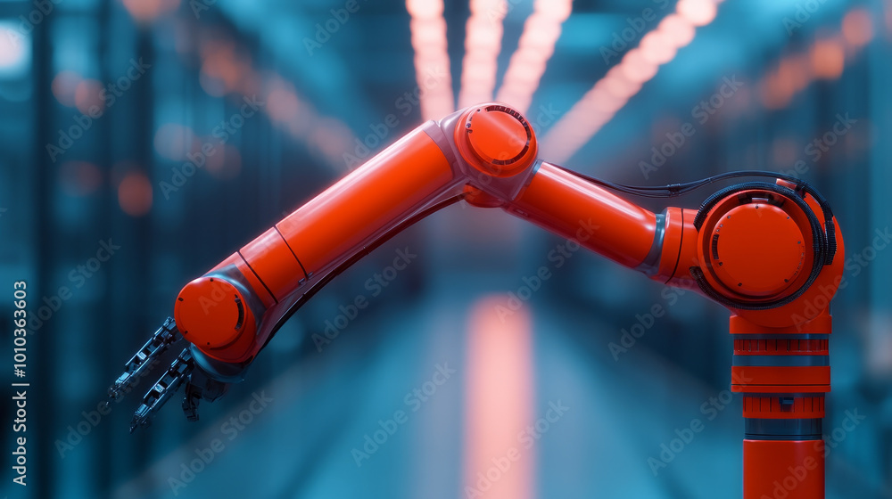 Poster a vibrant red robotic arm showcases advanced technology in modern workshop, surrounded by serene atm