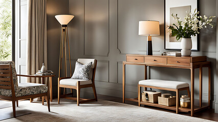 Fototapeta premium An elegant interior setup with a wooden chair, console table, and chic decor. The room exudes warmth and style, blending natural materials with contemporary design elements, ai