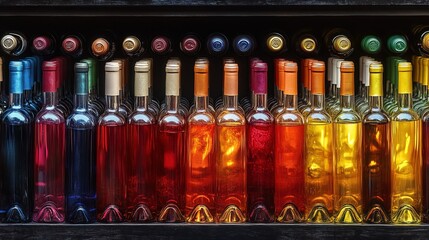 Fototapeta premium Rows of wine bottles in Assortment, highlight color 