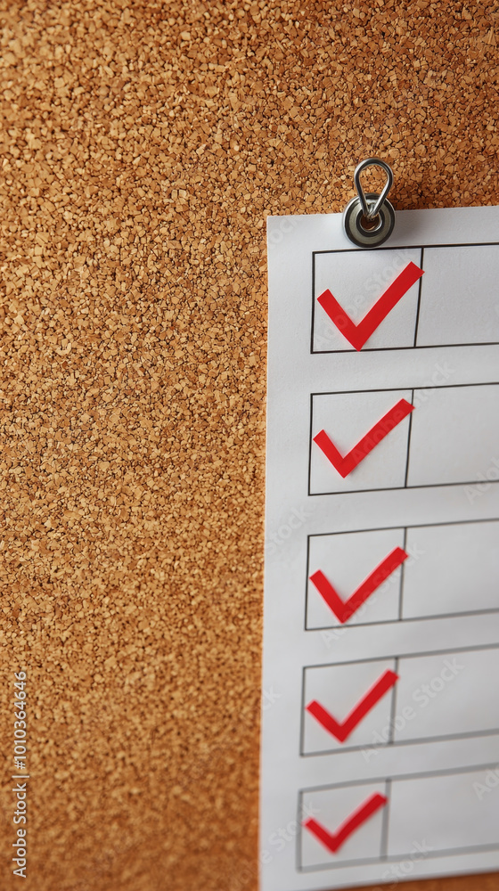 Poster close up of checklist pinned on corkboard, featuring several completed tasks marked with red check m
