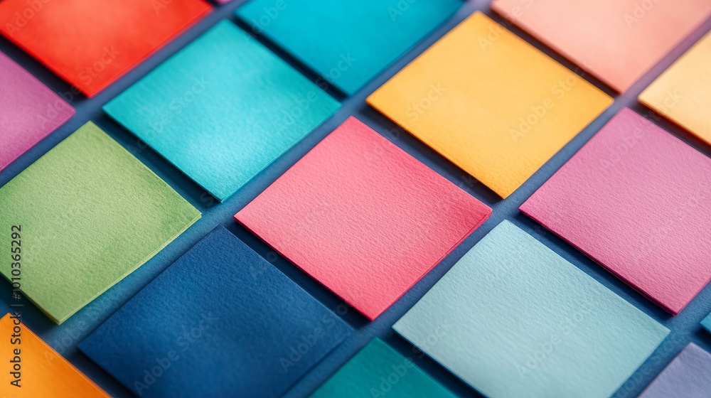 Poster colorful squares of paper arranged in vibrant pattern create visually appealing composition. this im