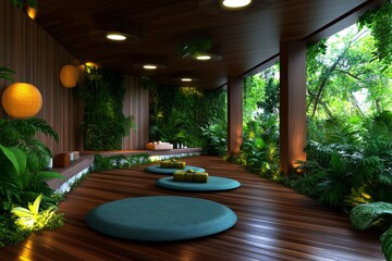 Fototapeta premium 3D digital model of a Thai massage studio, with detailed textures of mats, herbal compresses, and soothing lighting creating a fully immersive wellness environment